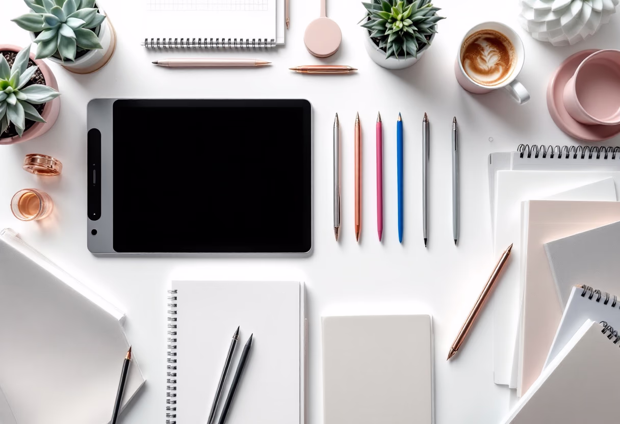 [background image] image of art supplies on a desk (for a graphic design studio)