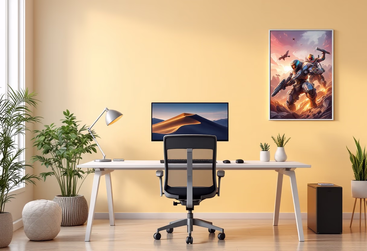 image of desk setup with computer (for a game development company)