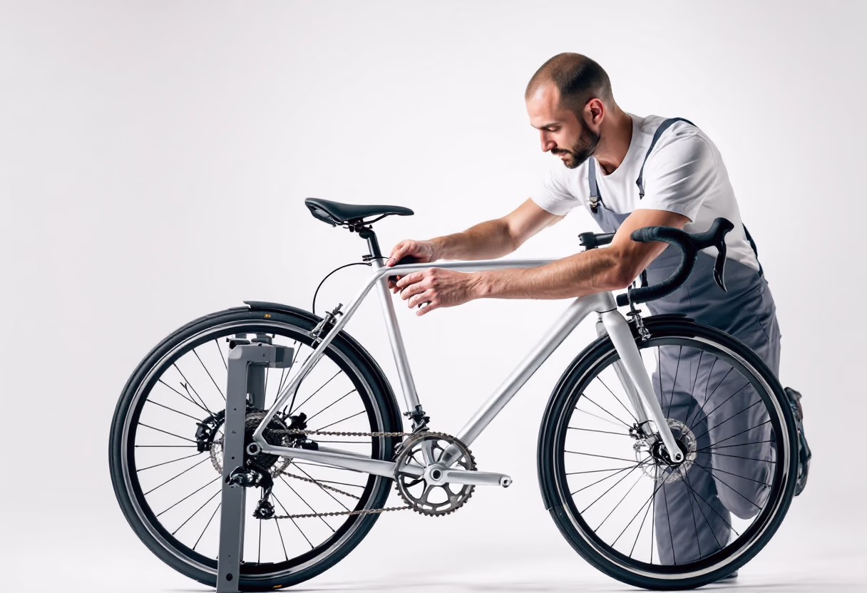 image of bicycle maintenance in a bicycle shop
