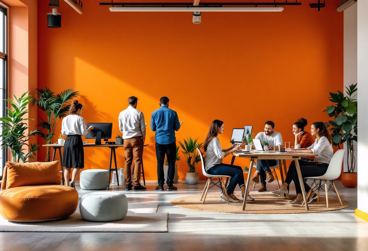 image of busy office with team collaborating (for a fintech company)