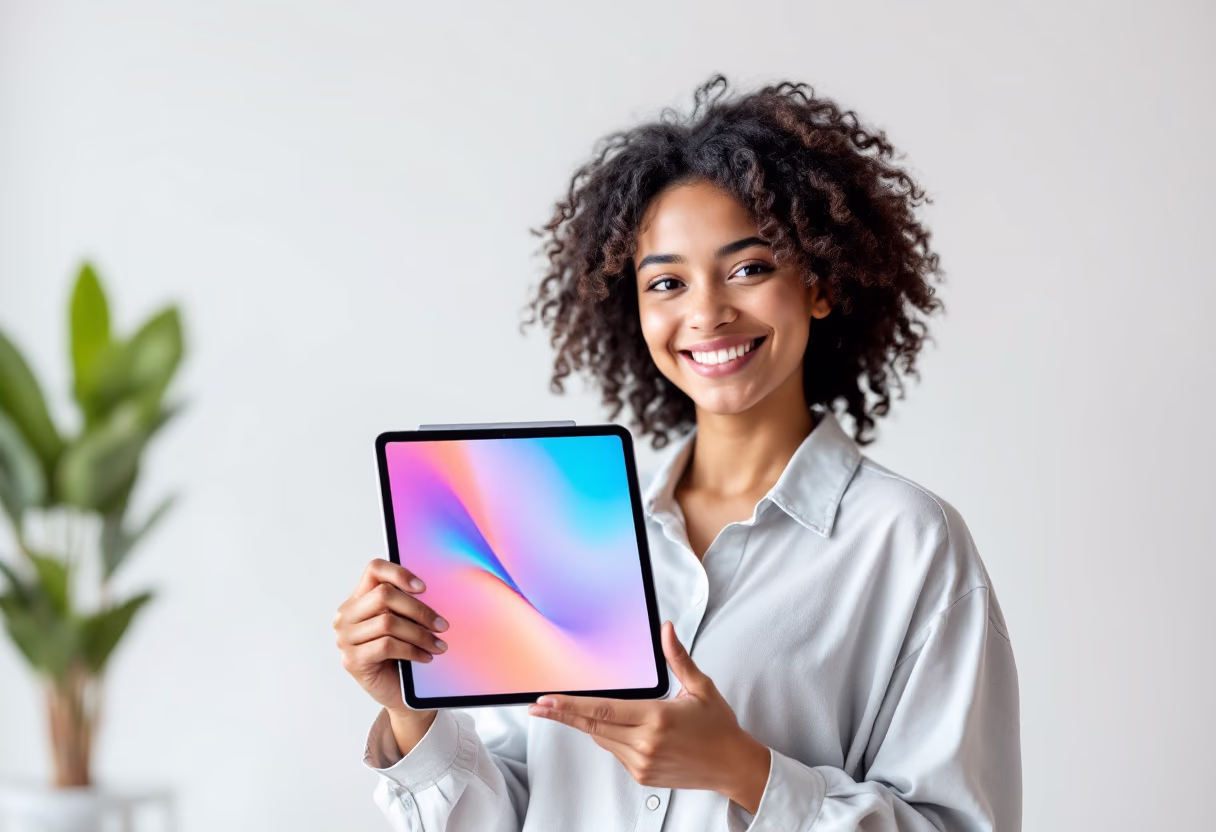 image of a young entrepreneur presenting a consumer app on a tablet during a meeting