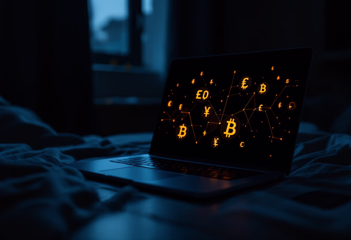 [digital project] image of digital currency symbols displayed on a laptop screen