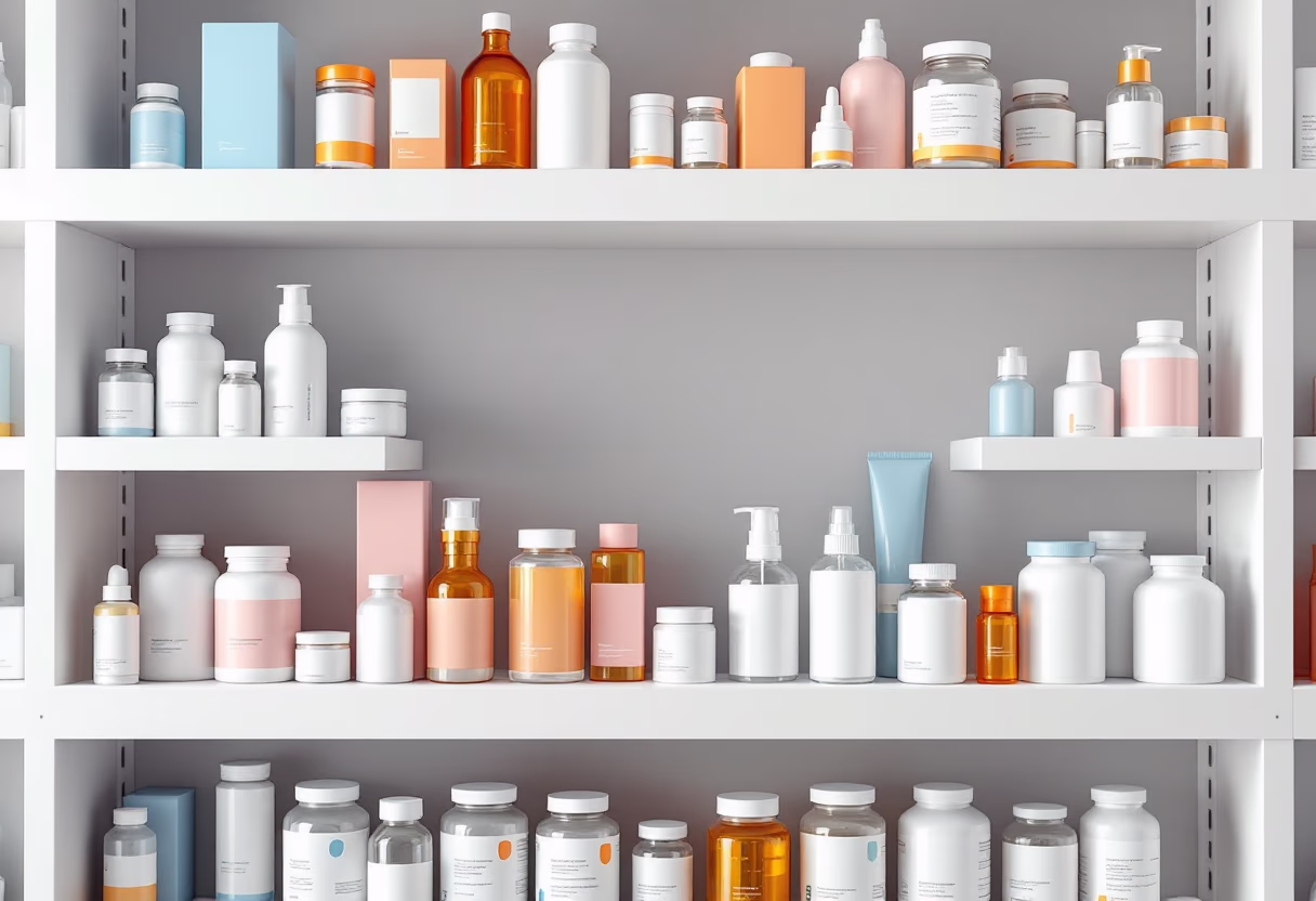 [background image] variety of pharmaceutical products on display (for a pharmacy)