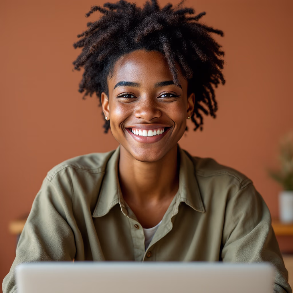 [headshot] image of satisfied student using a laptop, with a focus on tactile textures