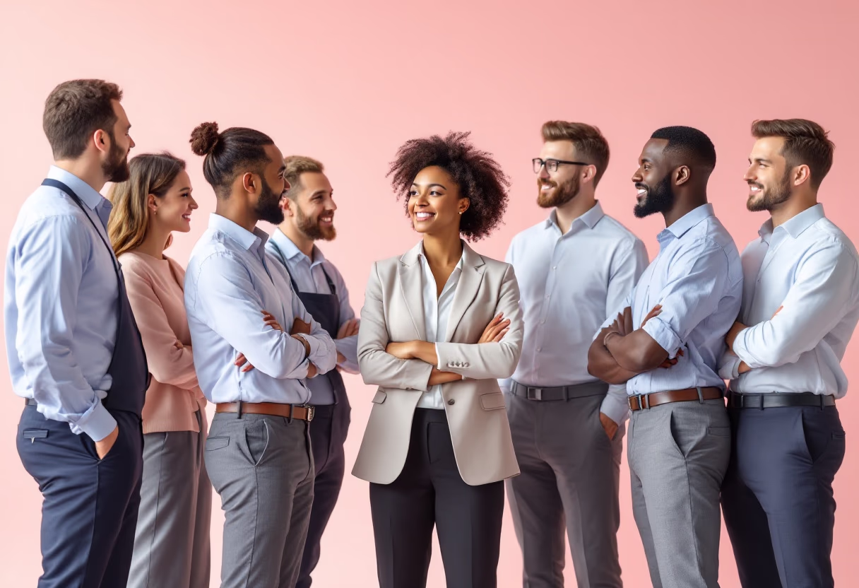 image of a team meeting in the office (for a garment care service)