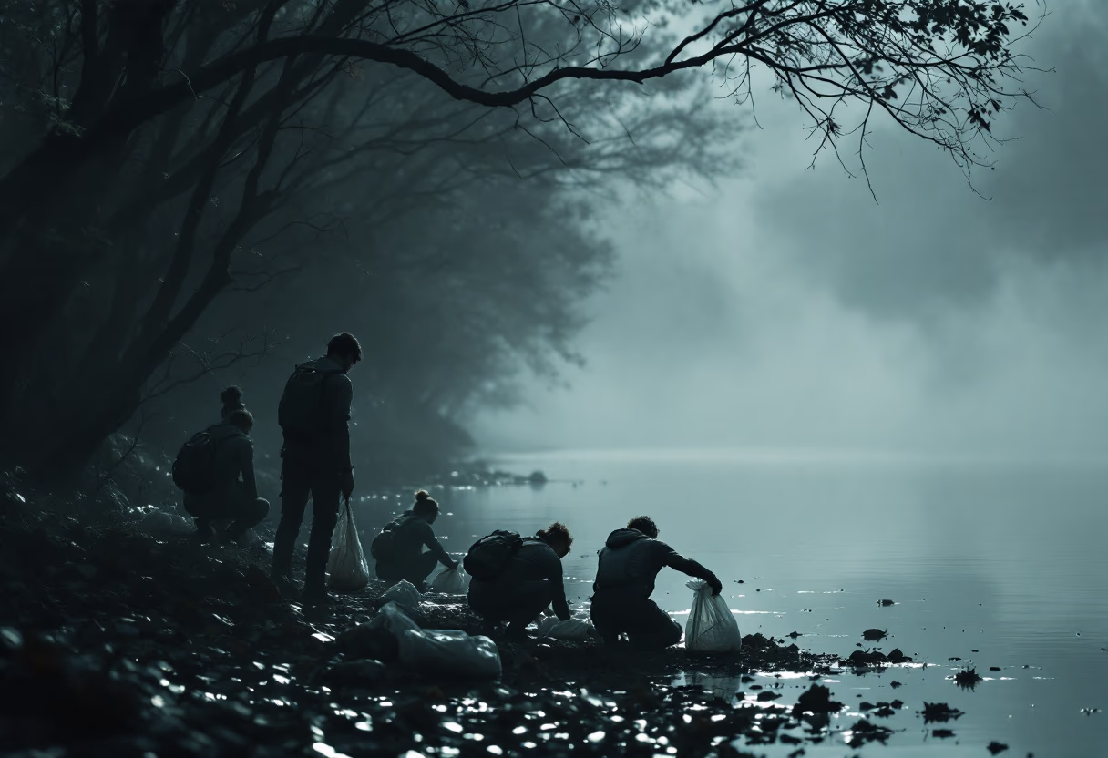 image of a volunteer group cleaning a riverbank.