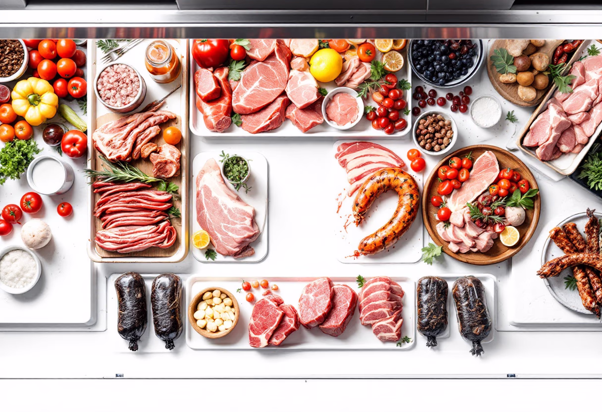 aerial view of fresh meat counter in a grocery store